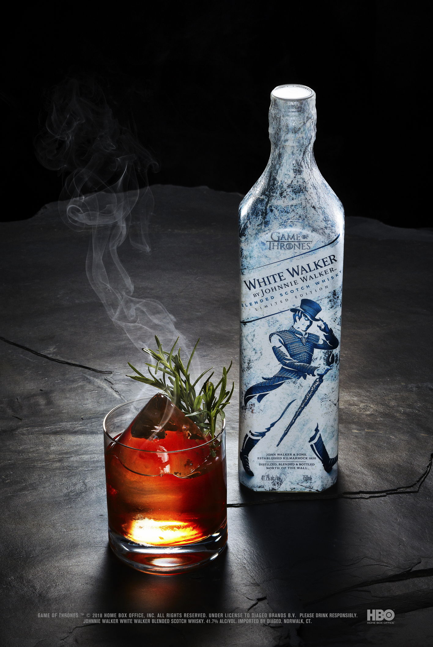 Dragonglass Old Fashioned cocktail with bottle - White Walker by Johnnie Walker specialty cocktail created by mixologist Gabe Orta